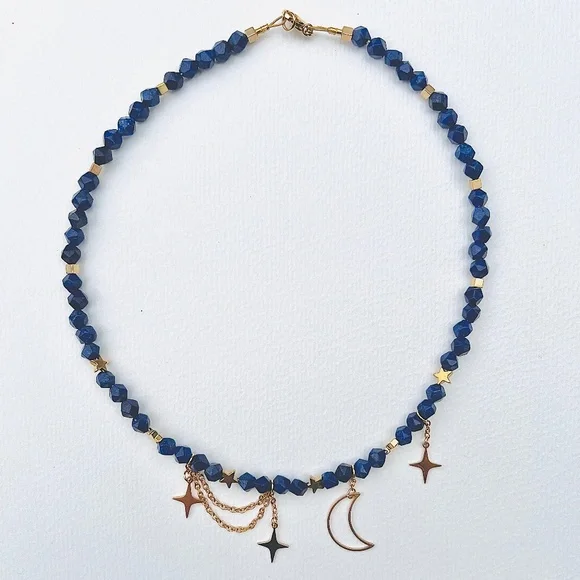 Starry Night natural gemstone lapis lazuli moonstone beads statement necklace - Picture 2 of 10
